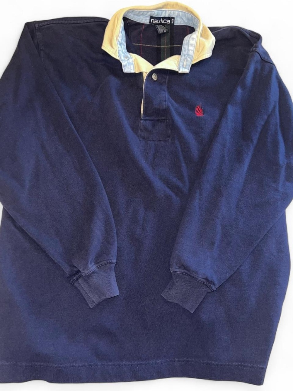 Nautica Navy Long Sleeve Rugby with tan Collar and Red Logo